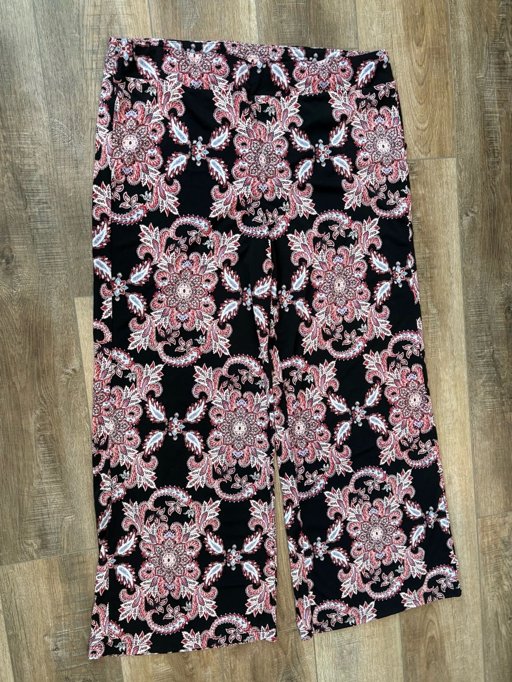 new directions Black Palazzo Pants with Pink Floral Medallion Print